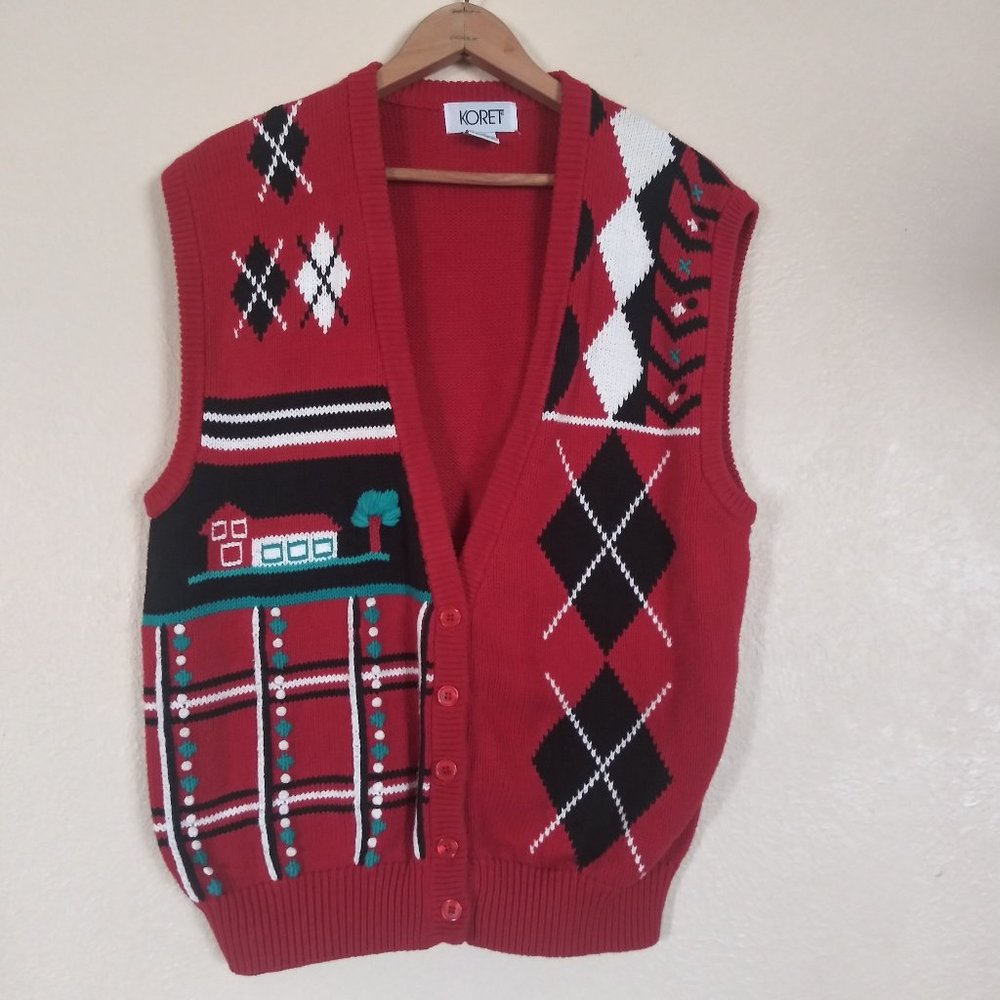 Vintage Koret Red Farmhouse Scene Sweater Vest Women's Medium